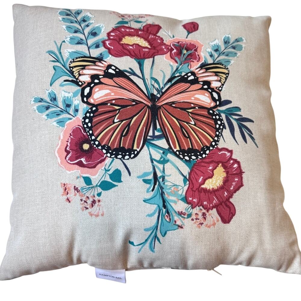Hampton Bay Tan Butterfly Flower Print Pillow Square 18x18 Indoor Outdoor Use